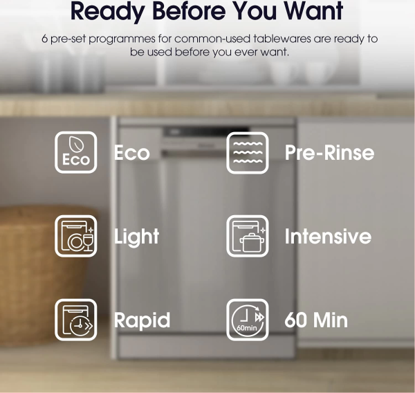 Hisense Dishwasher Free Standing 15 Place Setting With 6 Programs, Inbuilt Heater, Quick Wash, HS623E90G - Silver - Image 2