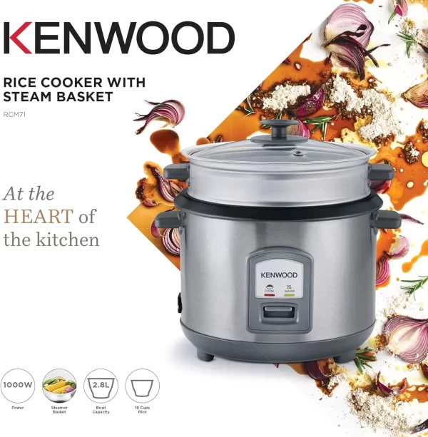 Kenwood 2-in-1 Rice Cooker 2.8L RCM71, 16-Cups Rice with Food Steamer Basket - Silver - Image 5
