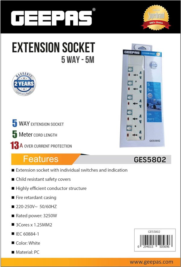 Geepas 5M, 5-Way Extension Socket, GES5802 - Image 4